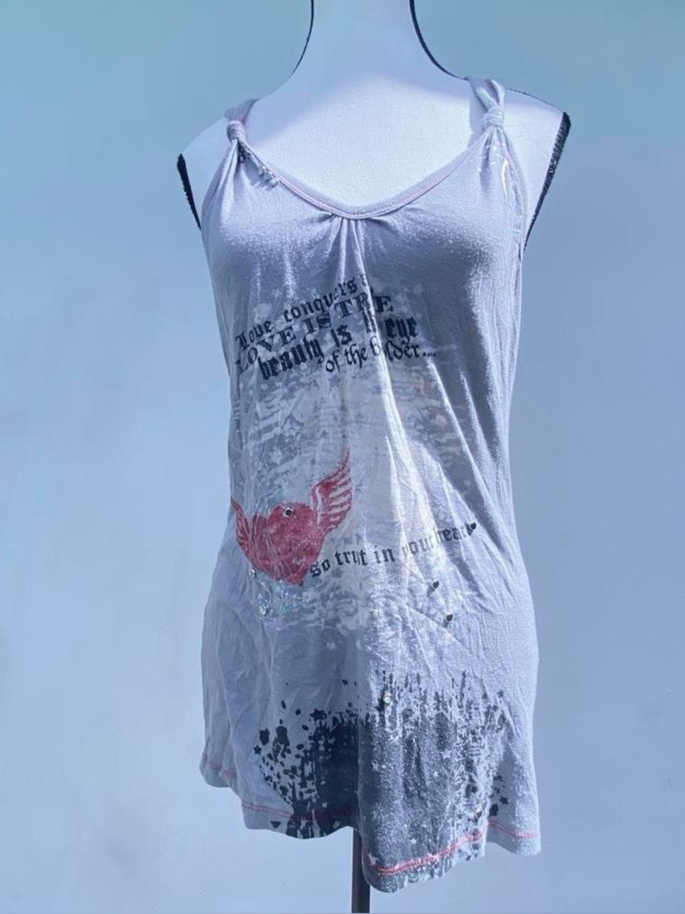 Y2K Soft Grunge Grey Silver & Red Heart Tattoo Graphic Studded Tank Top Size Lar